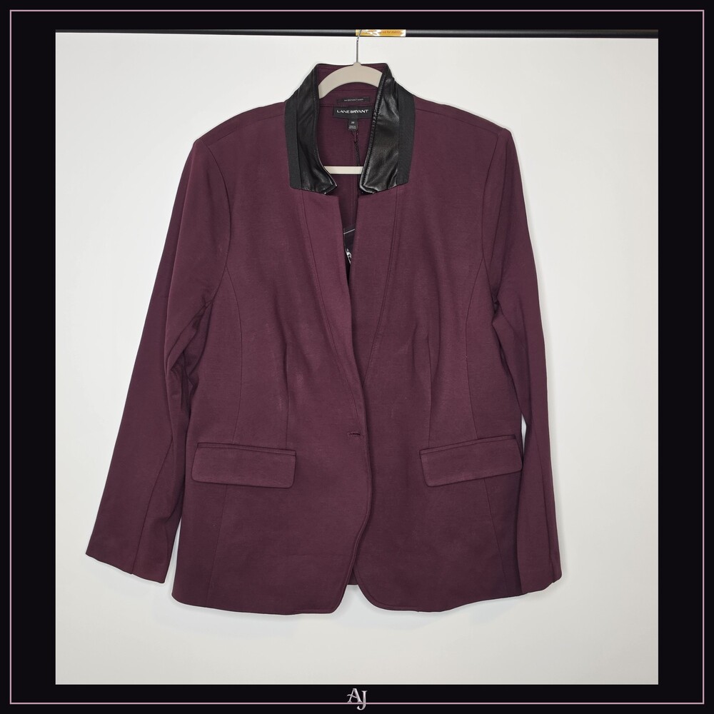 Lane Bryant The Bryant Blazer Size 20 Burgundy Rayon Blend Faux Leather Collar